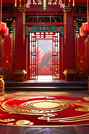 中国红宫仙境宝石点缀的幻想动漫世界