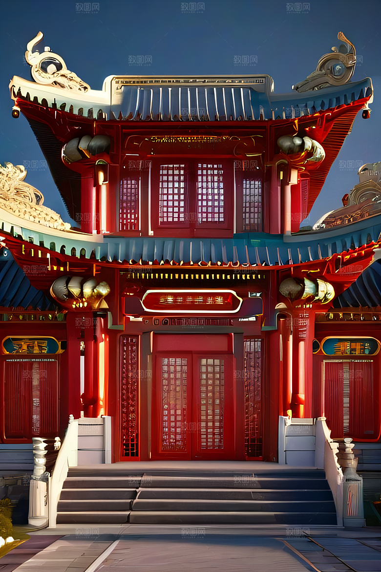 中国红宫仙境宝石点缀的幻想动漫世界