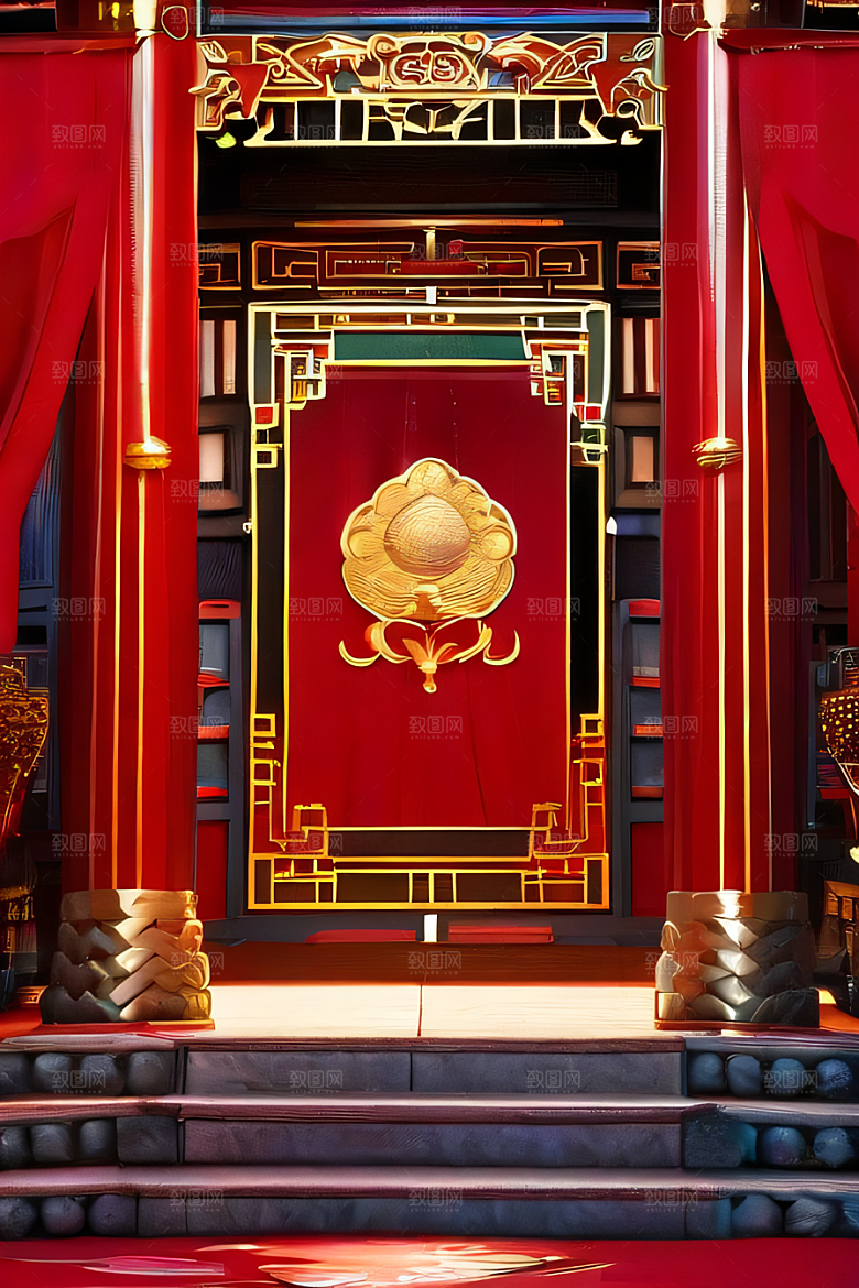 中国红宫仙境宝石点缀的幻想动漫世界