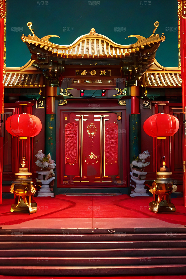 中国红宫仙境宝石点缀的幻想动漫世界