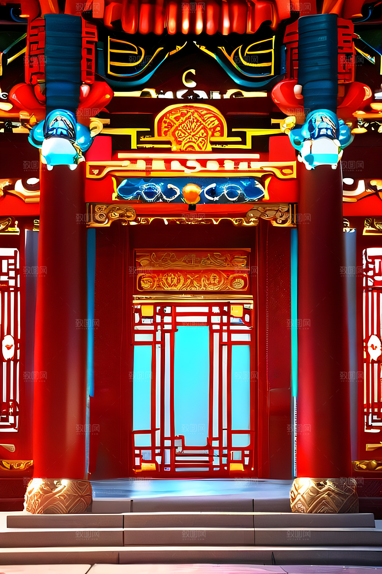 中国红宫仙境宝石点缀的幻想动漫世界