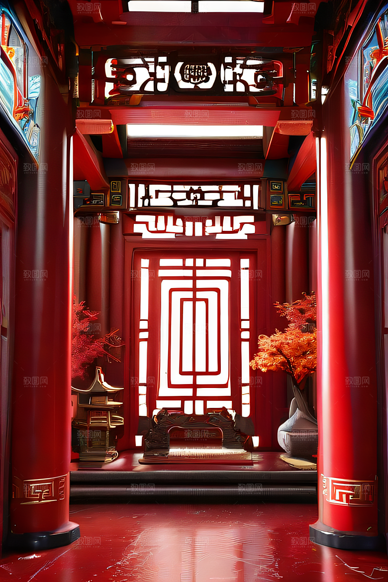 中国红宫仙境宝石点缀的幻想动漫世界