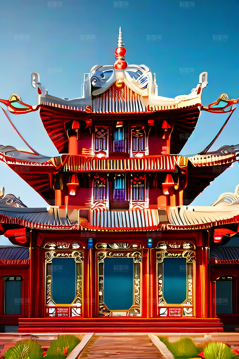 神奇幻想中的红宝石装饰的中国古宫殿
