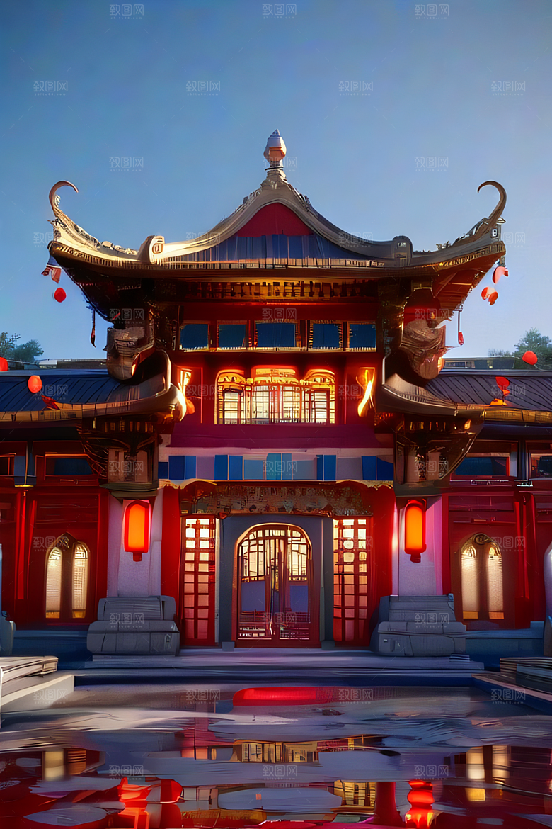 神奇幻想中的红宝石装饰的中国古宫殿