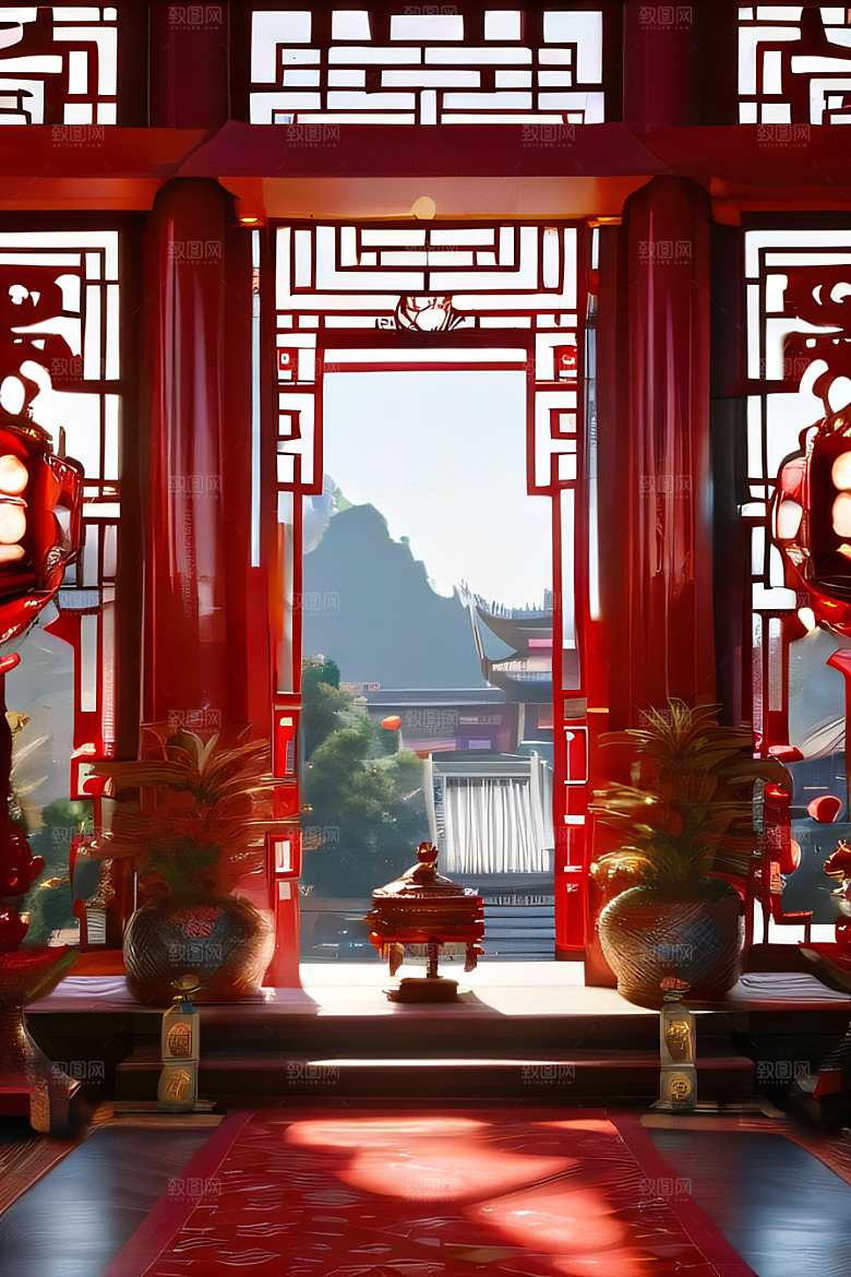 幻想世界中的红宝石宫殿动漫风格的华丽装饰