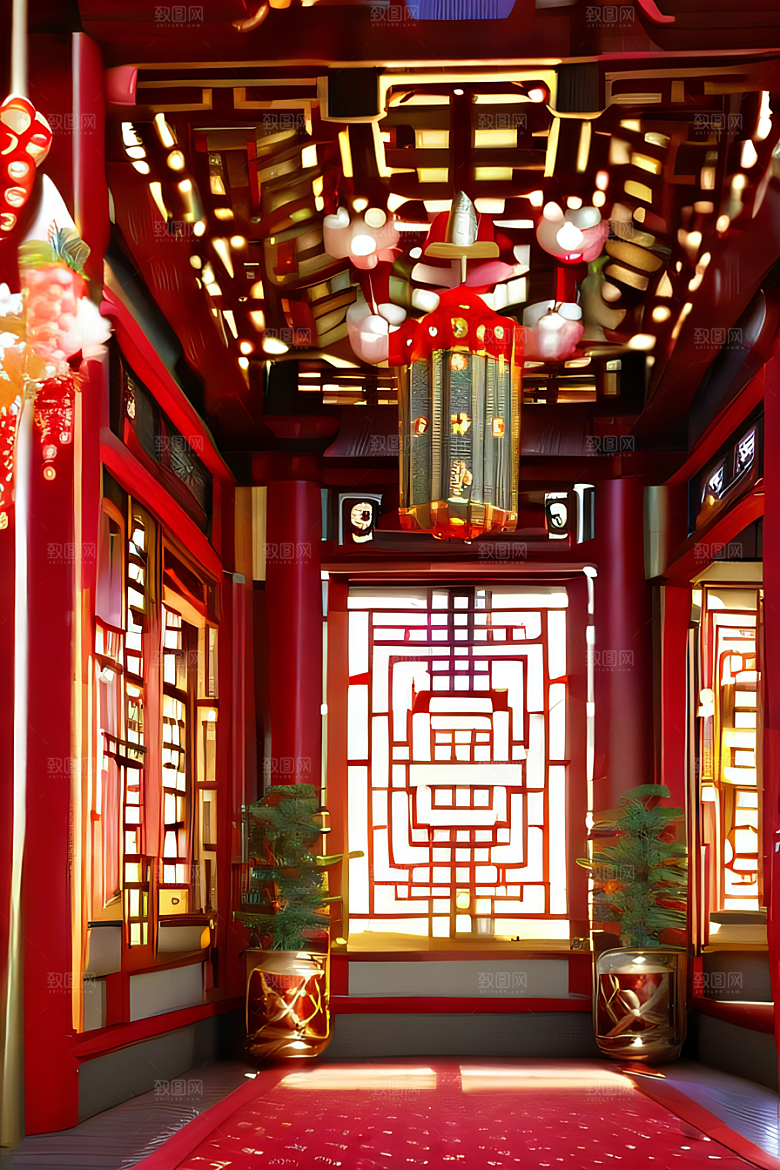 幻想世界中的红宝石宫殿动漫风格的华丽装饰