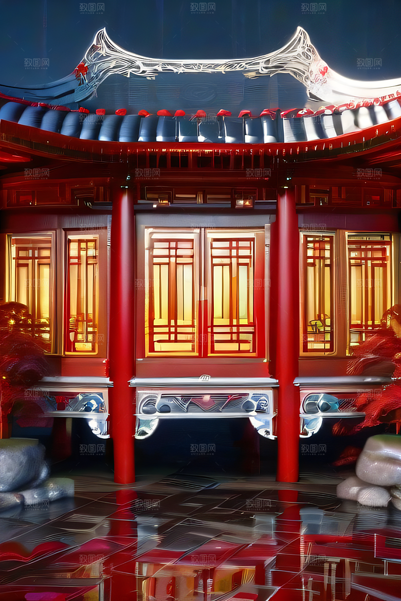 幻想世界中的红宝石宫殿动漫风格的华丽装饰