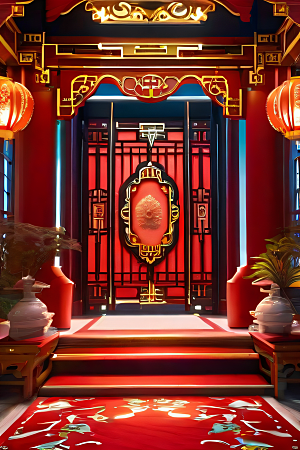 幻想世界中的红宝石宫殿动漫风格的华丽装饰