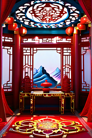幻想红宫宝石装饰的中国古代宫殿与动漫风格