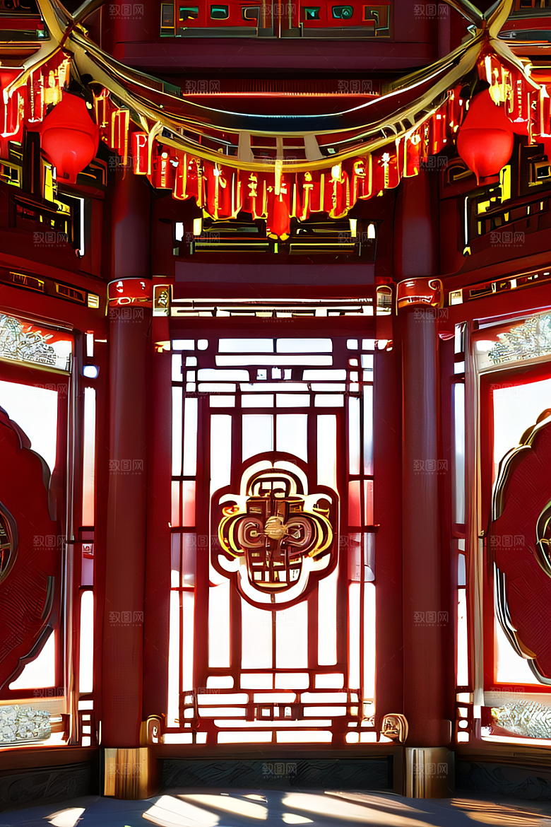 幻想红宫宝石装饰的中国古代宫殿与动漫风格