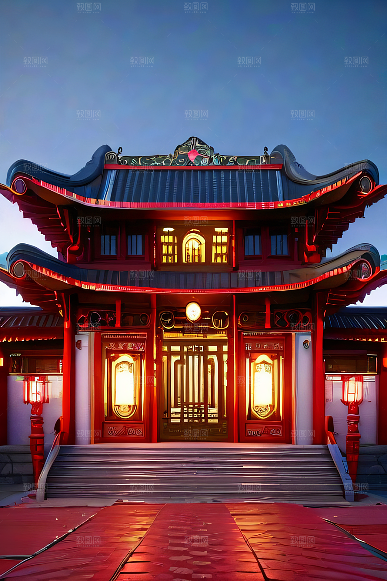 幻想红宫宝石装饰的中国古代宫殿与动漫风格