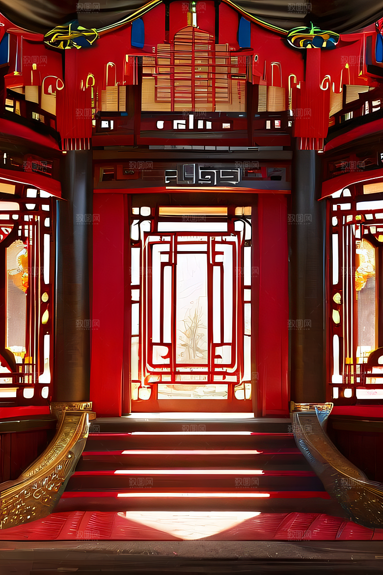幻想红宫宝石装饰的中国古代宫殿与动漫风格