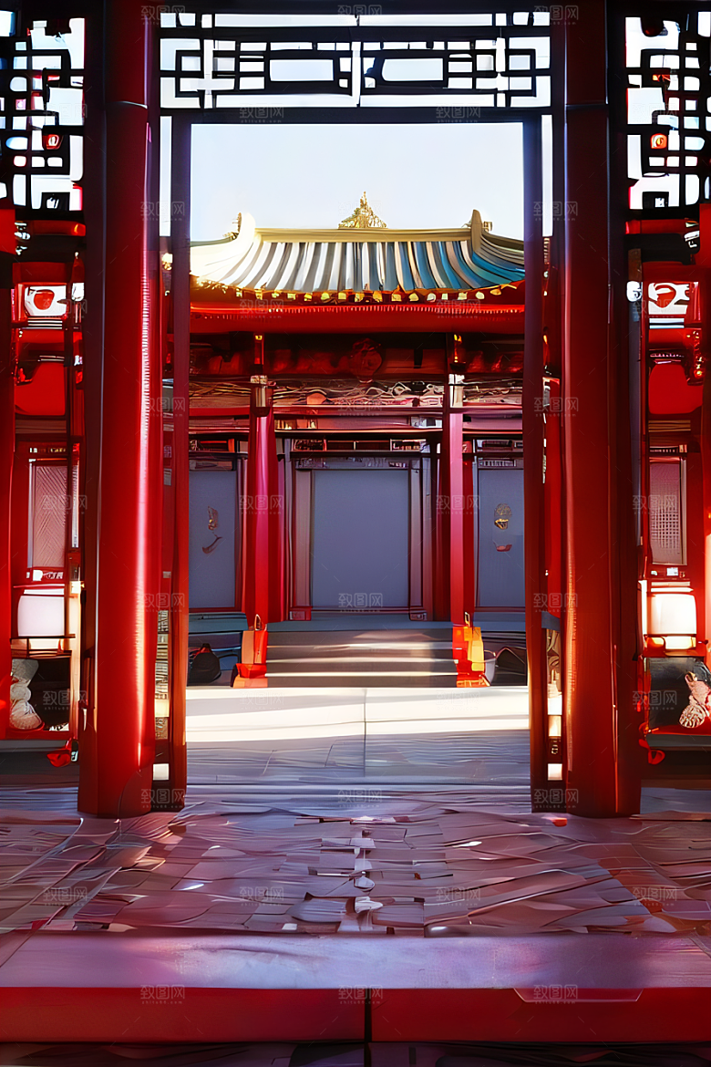 幻想红宫宝石装饰的中国古代宫殿与动漫风格