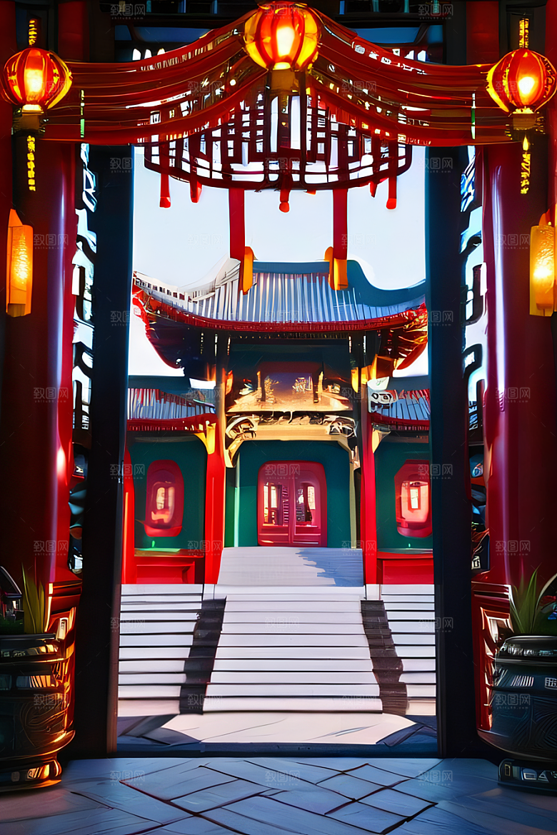 幻想红宫宝石装饰的中国古代宫殿与动漫风格