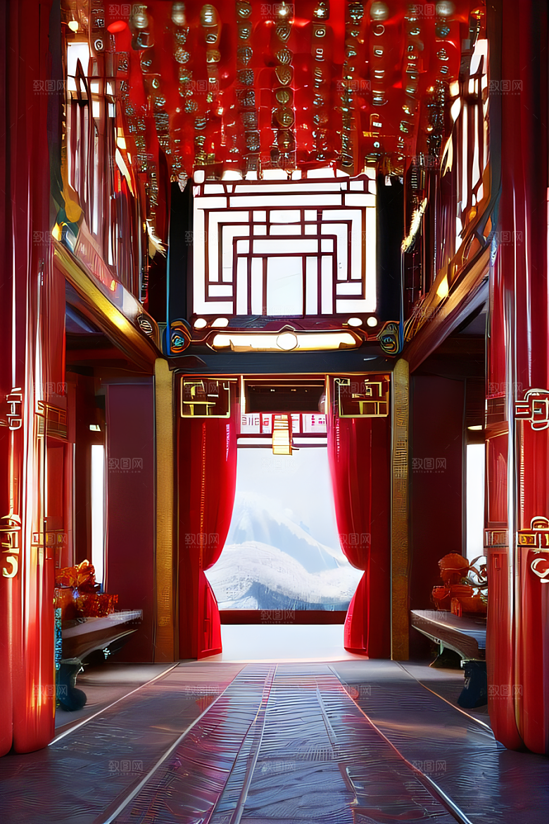 幻想红宫宝石装饰的中国古代宫殿与动漫风格