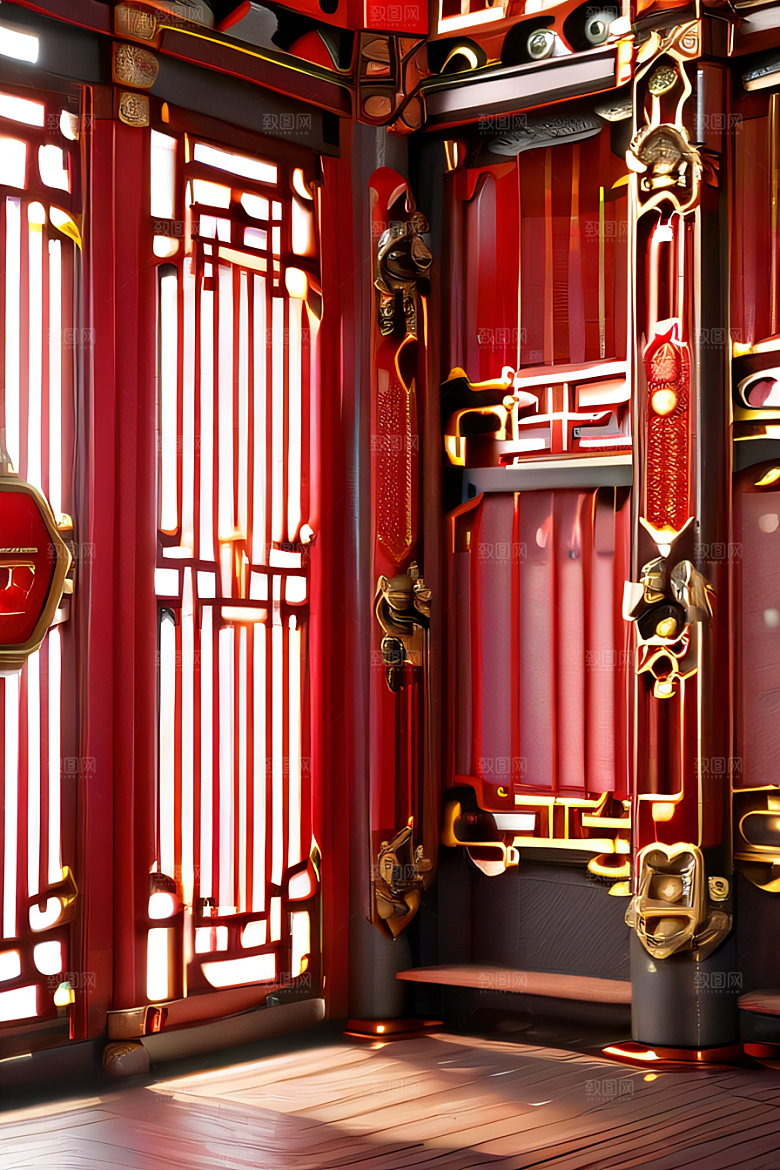幻想红宫宝石装饰的中国古代宫殿与动漫风格