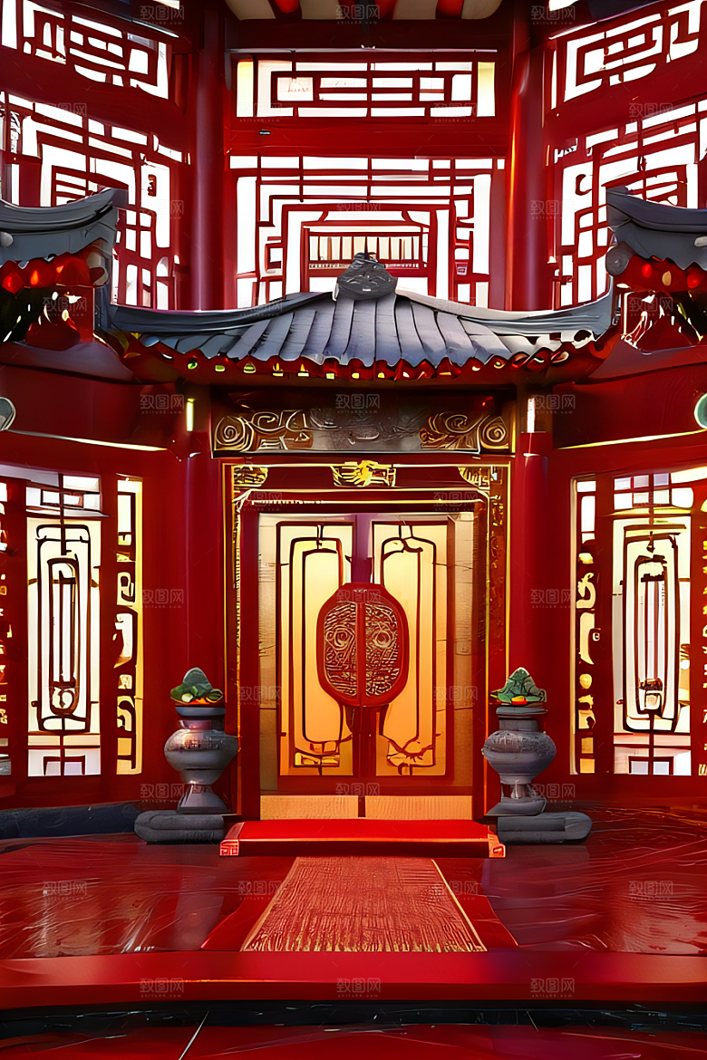 神秘中国红宫动漫风格与珠宝装饰的奇幻融合