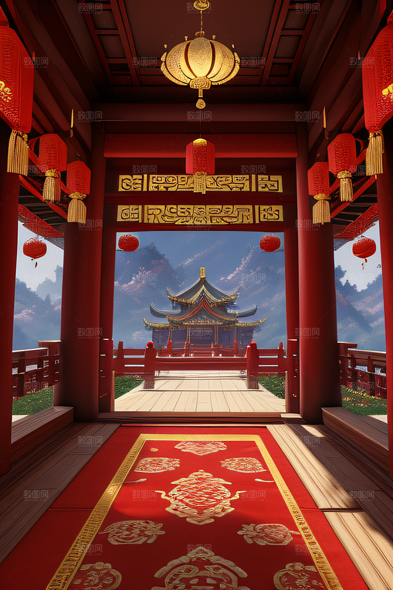 神秘中国红宫动漫风格与珠宝装饰的奇幻融合