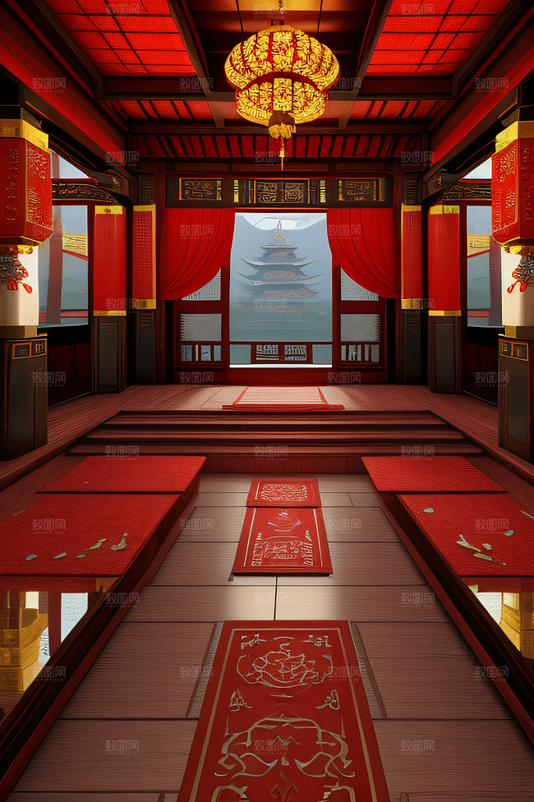 梦幻红宫殿中式建筑与动漫风格的完美结合