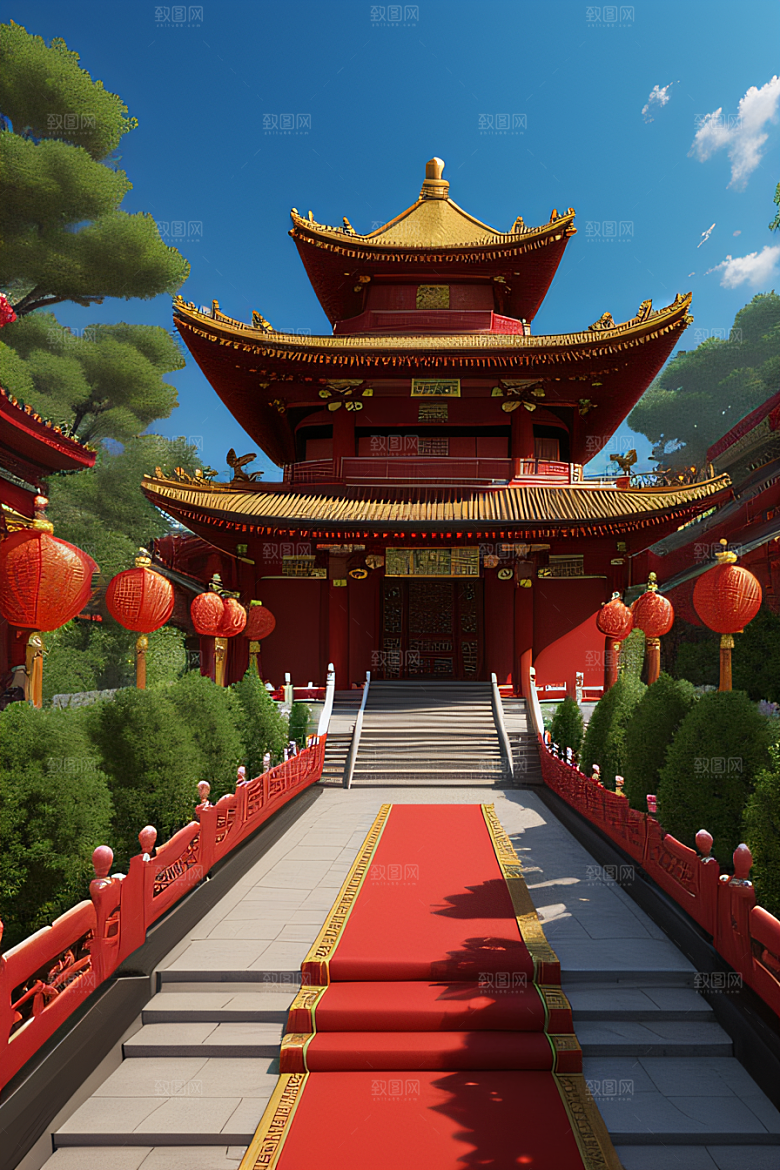 梦幻红宫殿中式建筑与动漫风格的完美结合
