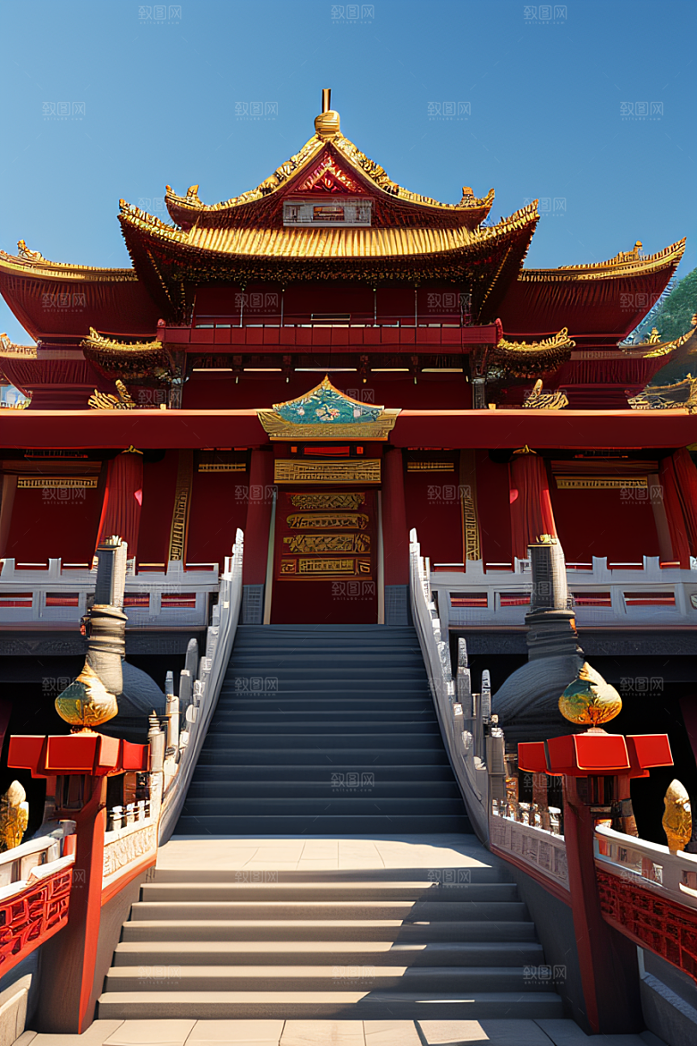 梦幻红宫殿中式建筑与动漫风格的完美结合