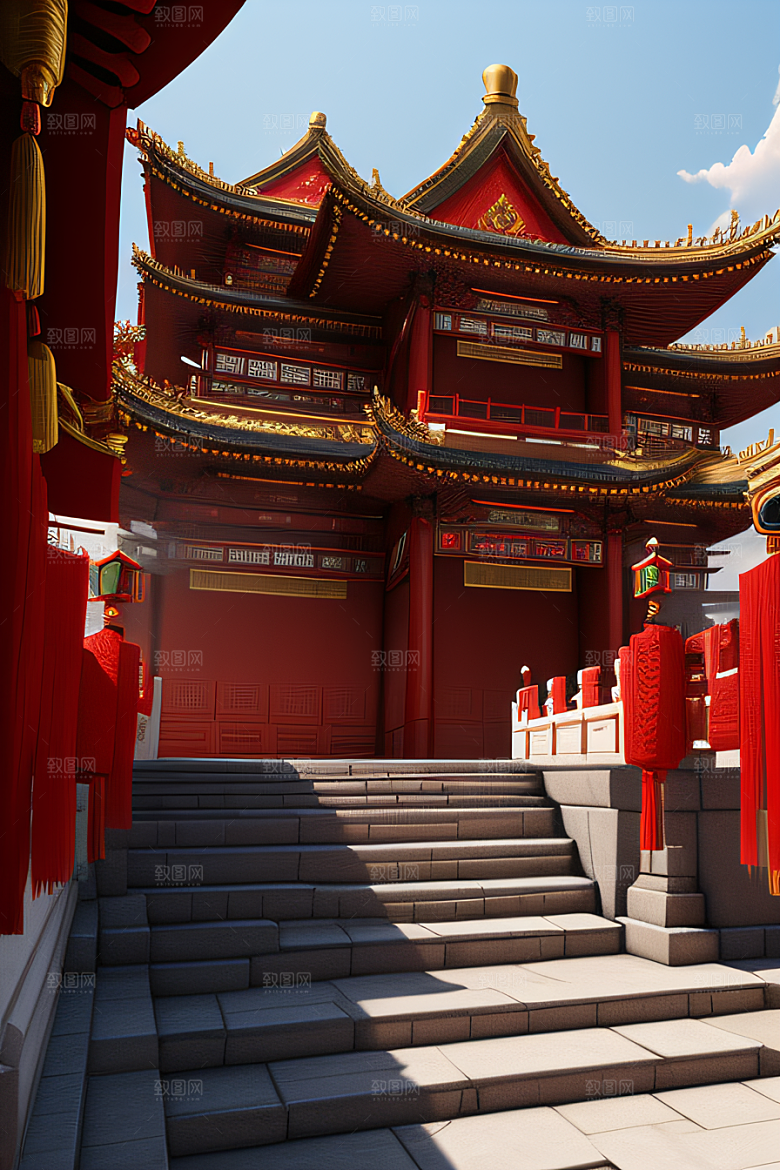 梦幻红宫殿中式建筑与动漫风格的完美结合