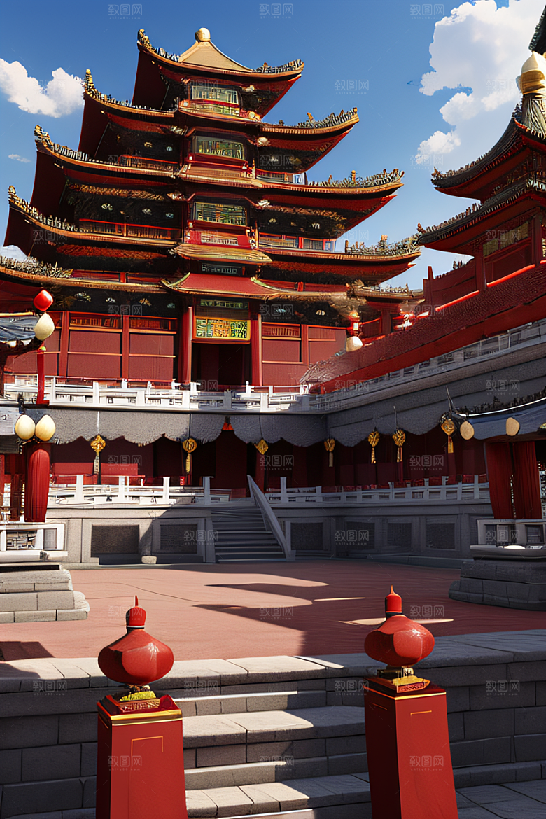 梦幻红宫殿中式建筑与动漫风格的完美结合
