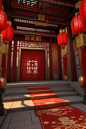 梦幻红宫殿中式建筑与动漫风格的完美结合