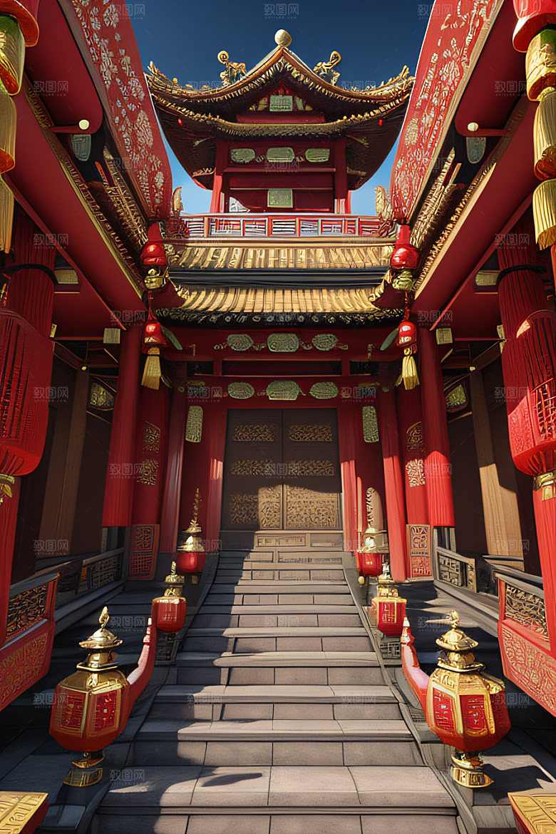 梦幻红宫殿中式建筑与动漫风格的完美结合