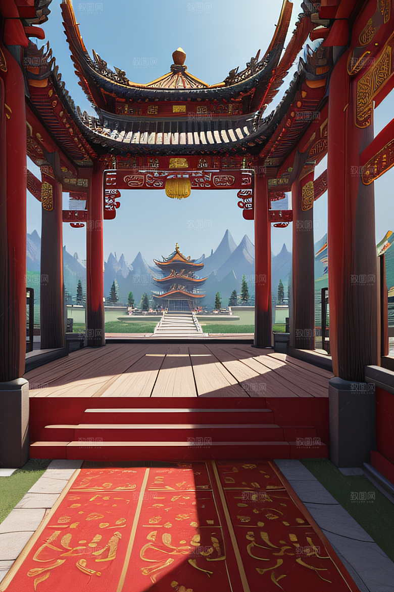 梦幻红宫殿中式建筑与动漫风格的完美结合