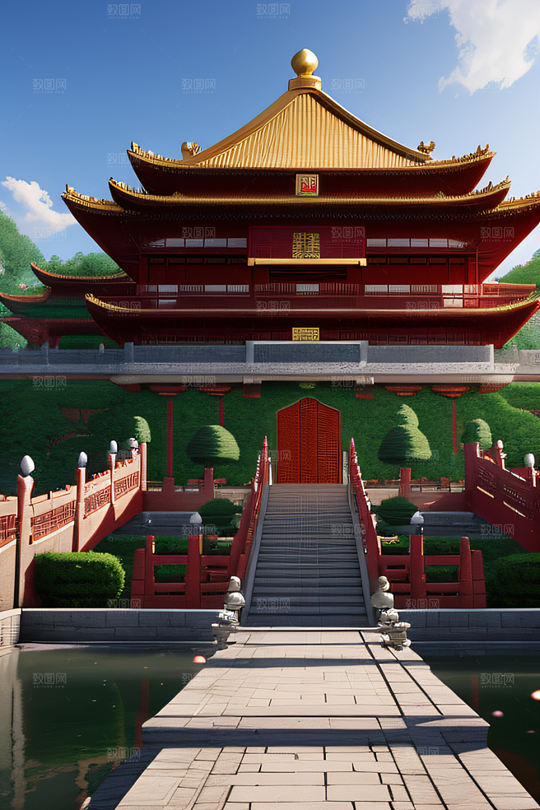 中国红宫仙境宝石点缀的幻想动漫世界