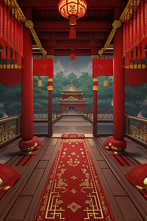中国红宫仙境宝石点缀的幻想动漫世界