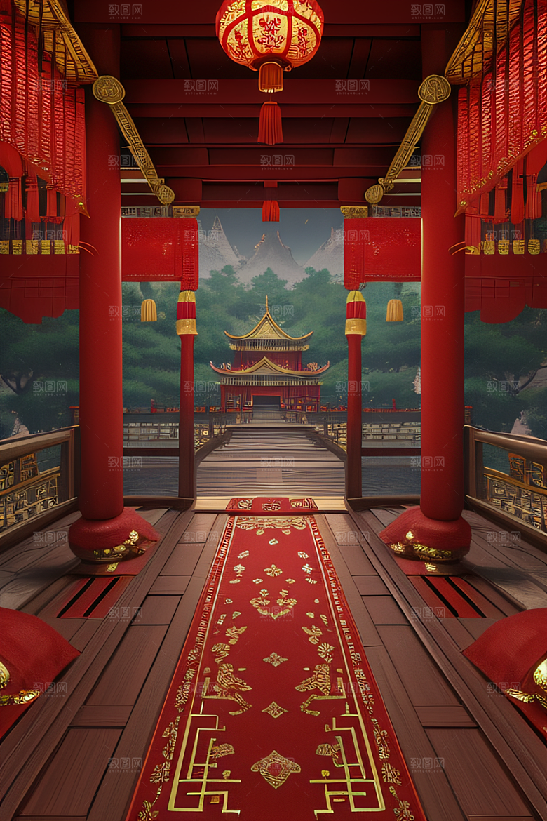 中国红宫仙境宝石点缀的幻想动漫世界
