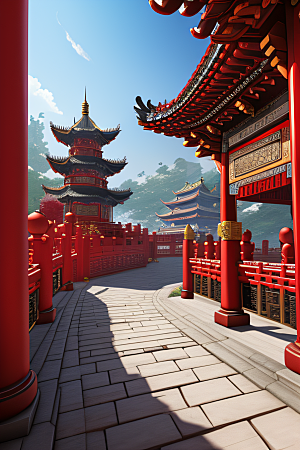 中国红宫仙境宝石点缀的幻想动漫世界