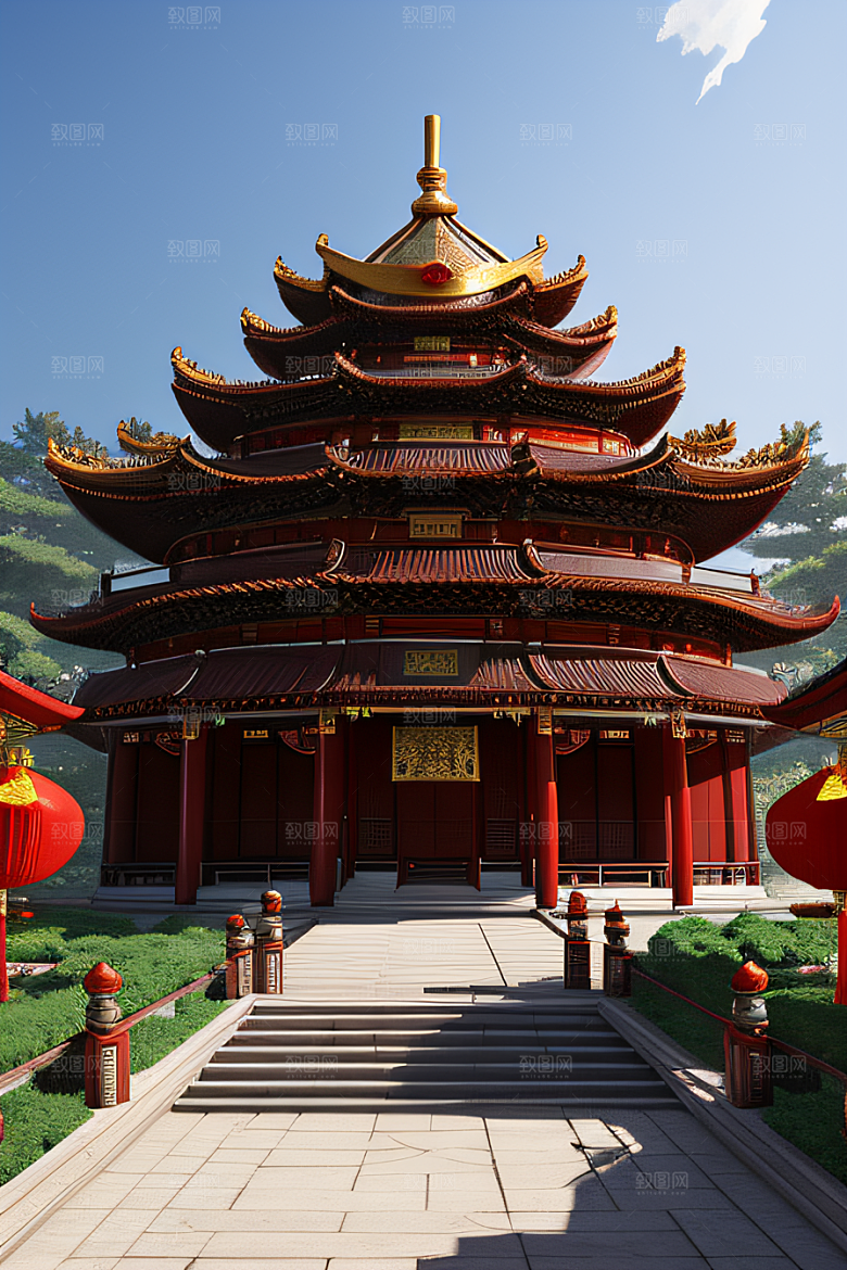 中国红宫仙境宝石点缀的幻想动漫世界