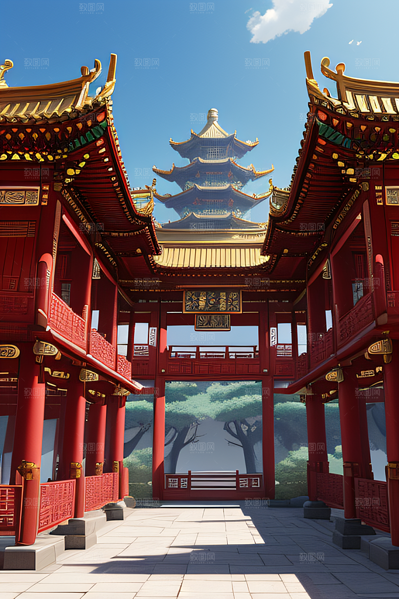 神奇幻想中的红宝石装饰的中国古宫殿