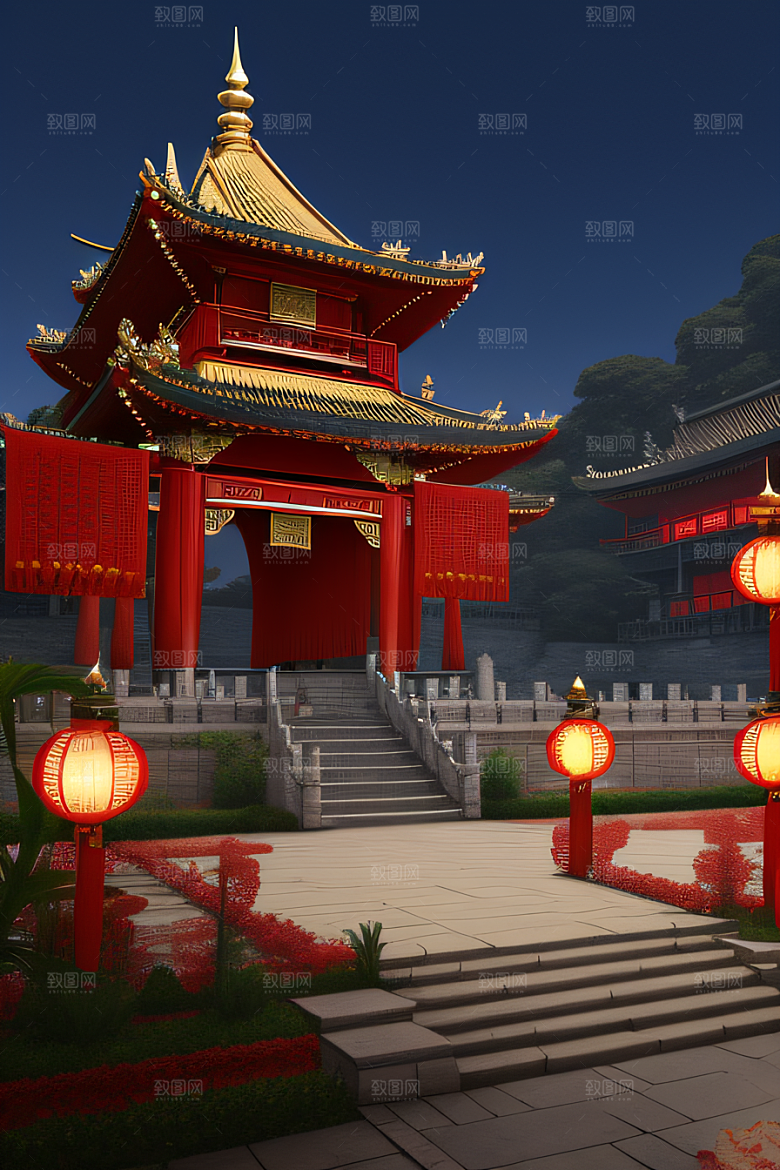 神奇幻想中的红宝石装饰的中国古宫殿