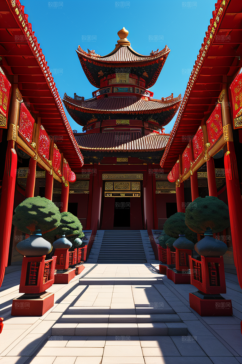 神奇幻想中的红宝石装饰的中国古宫殿