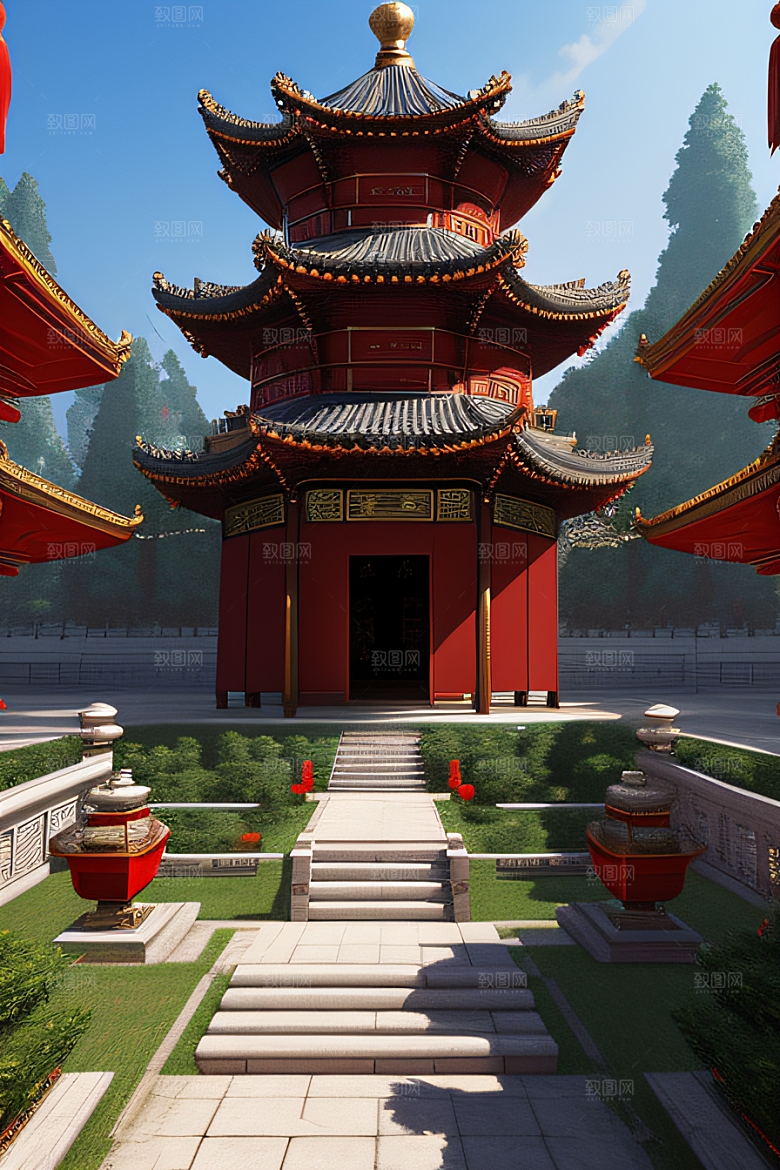神奇幻想中的红宝石装饰的中国古宫殿