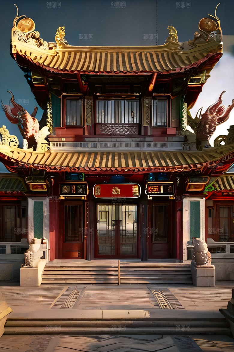 美丽的雕塑唐人街大厦中的艺术之美