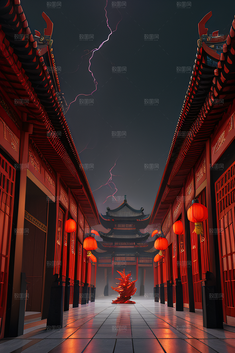唐人街大厦闪电下的中国调色板