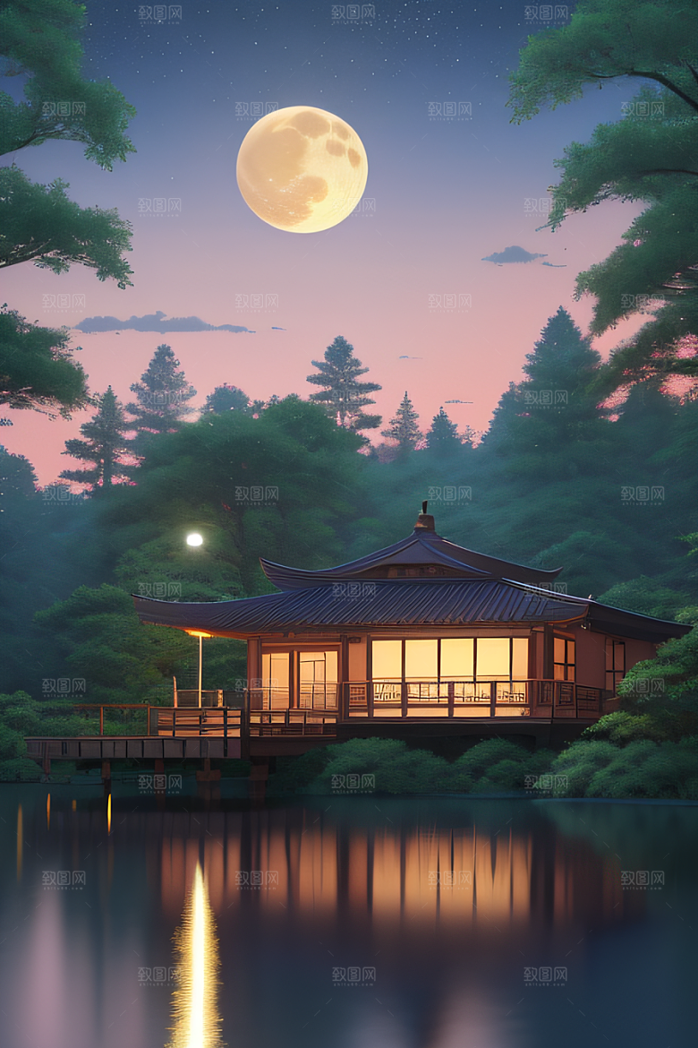 天空中悬挂的满月之美景观