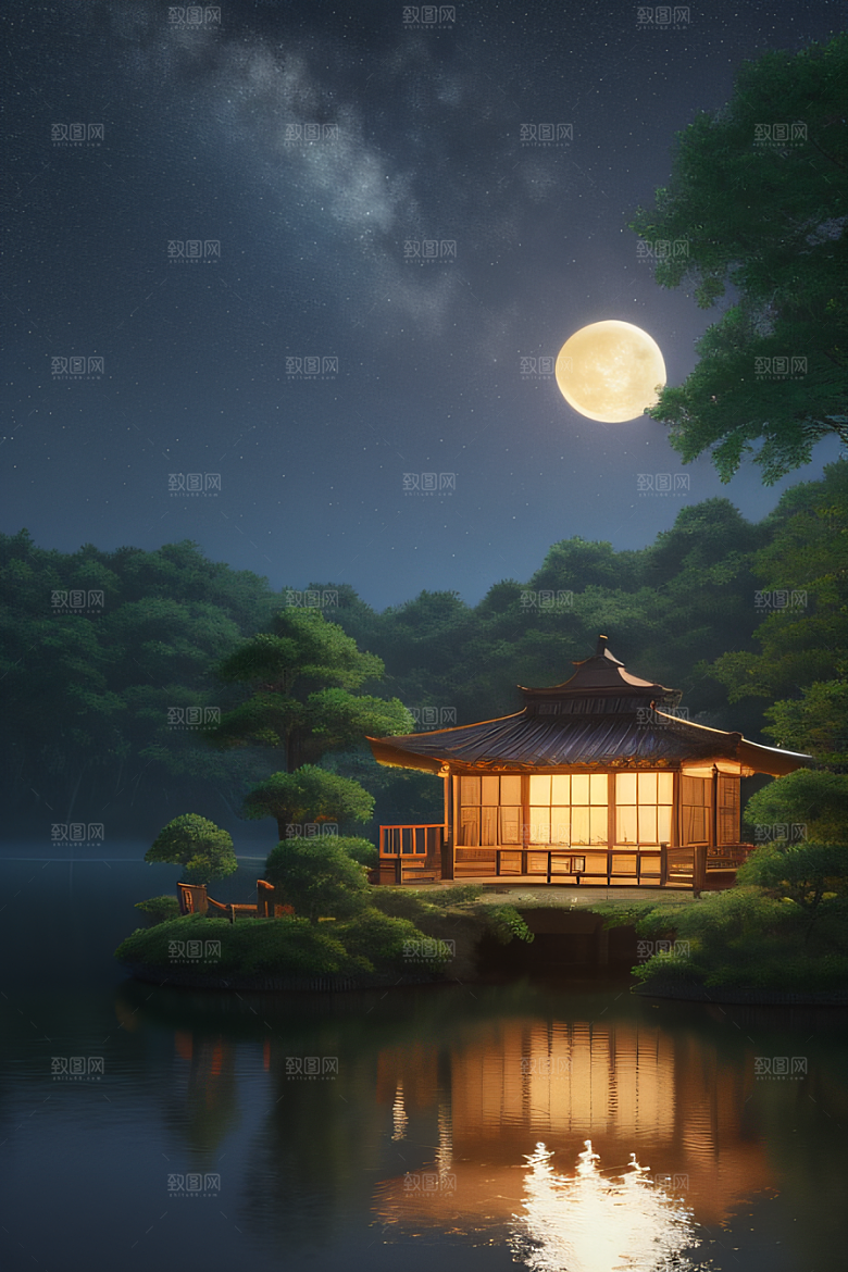 天空中悬挂的满月之美景观
