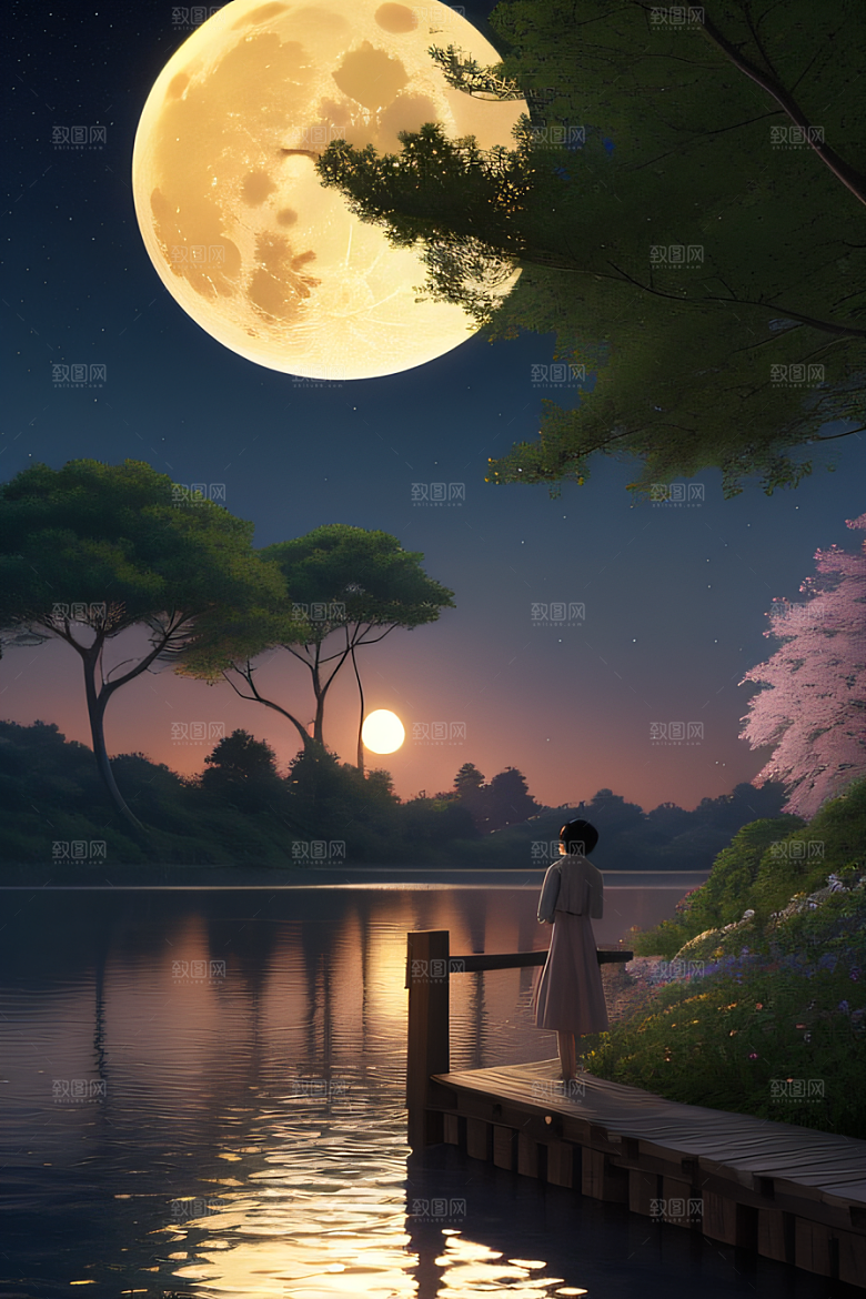 天空中悬挂的满月之美景观