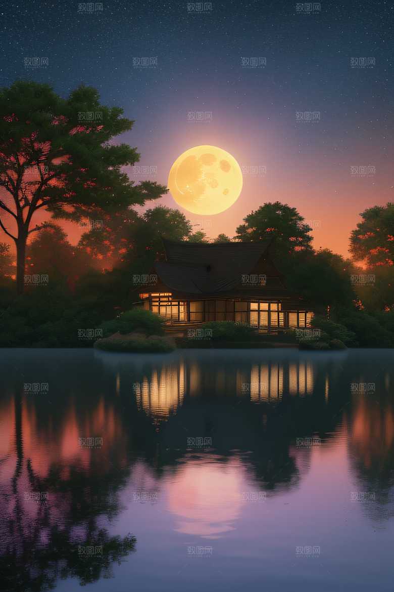 天空中悬挂的满月之美景观