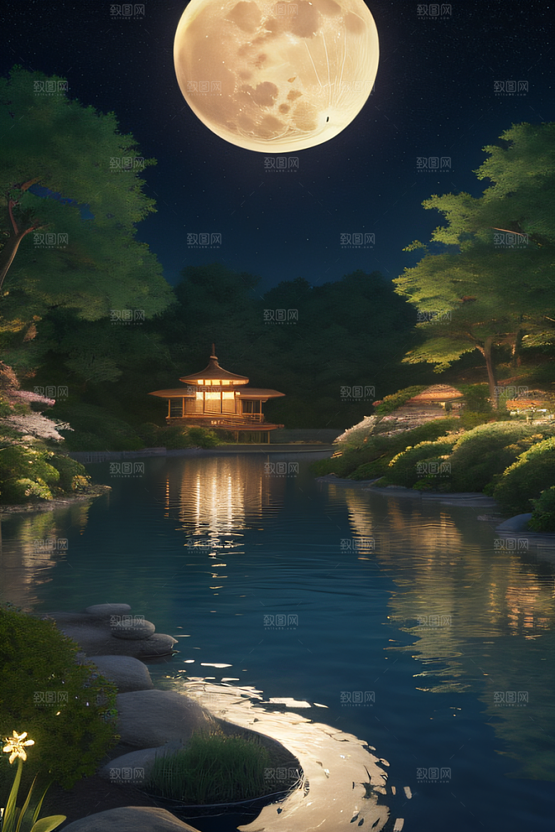 天空中悬挂的满月之美景观
