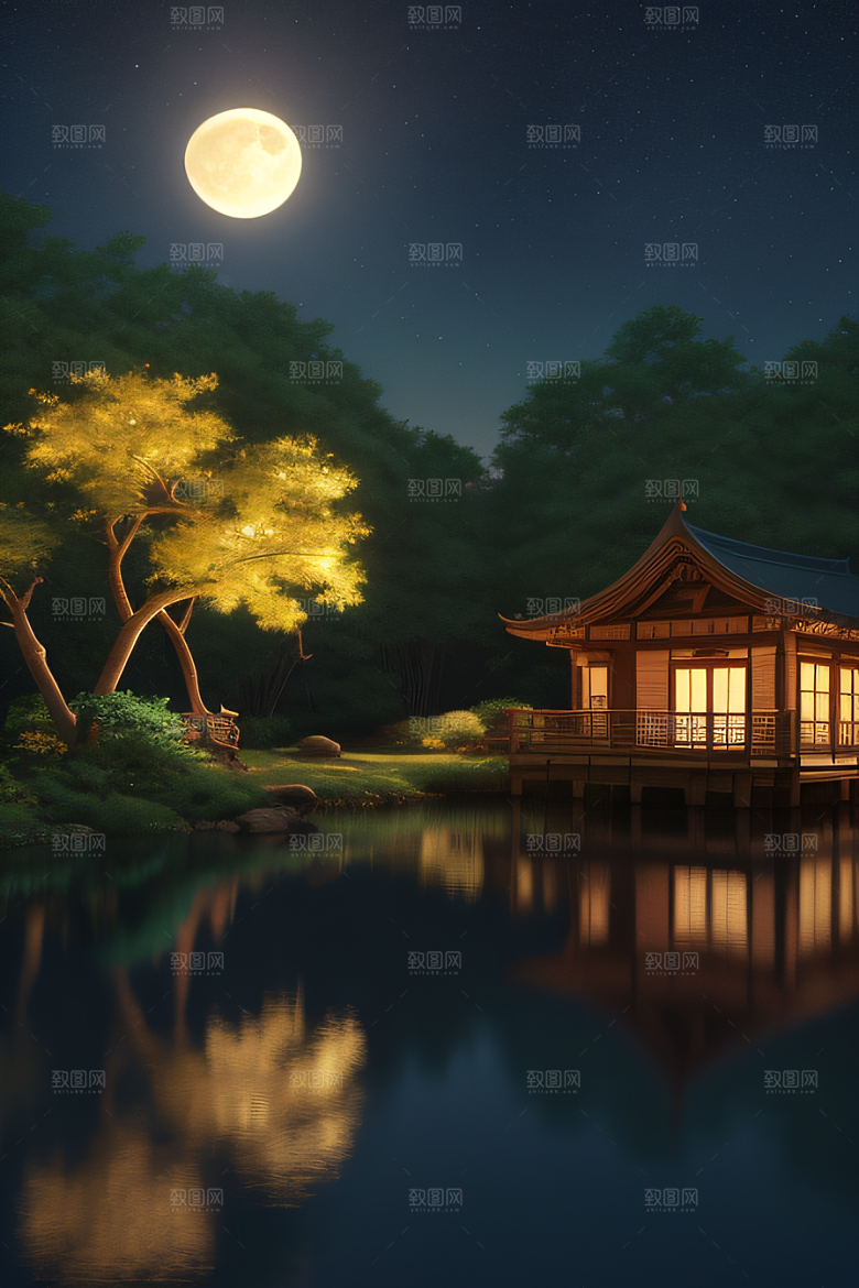 宁静湖面上的春天宫殿景观