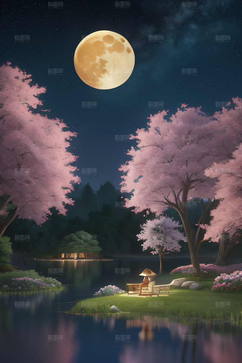宁静湖面上的春天宫殿景观