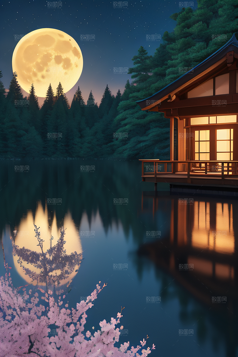 宁静湖面上的春天宫殿景观