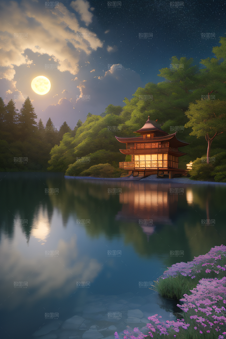 宁静湖面上的春天宫殿景观